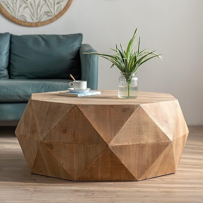 Round Wood Coffee Table for Living Room, Large Drum Coffee Table, Retro Farmhouse Coffee Table fo... | Amazon (US)