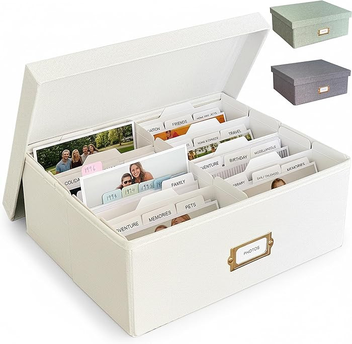 Linen Photo Storage Box with Dividers & 8 Sorting Bins, Holds 1700 4x6 Pictures, Memory Keepsake ... | Amazon (US)