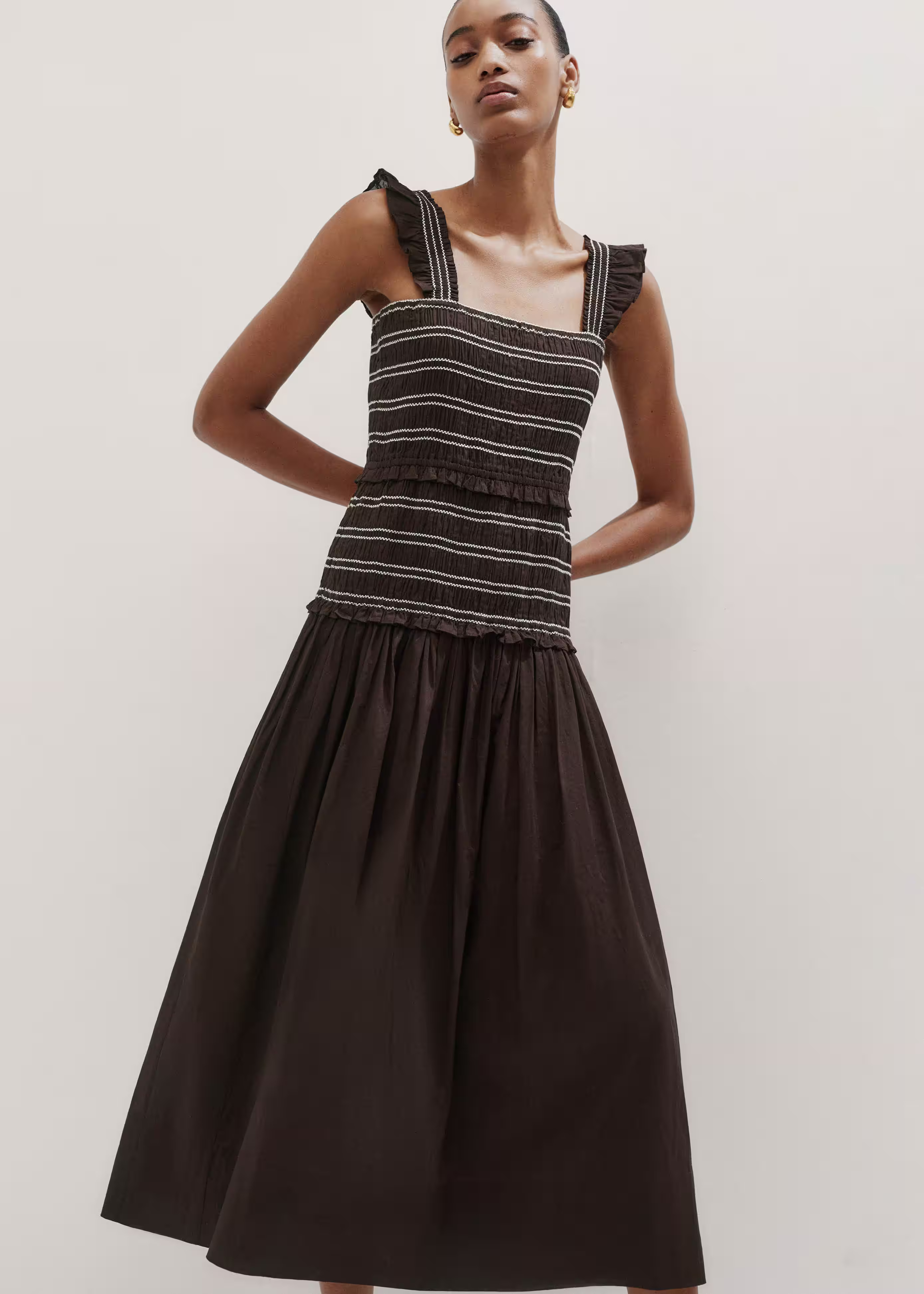 Women's Brown Cotton Poplin Contrast Stitch Midi Dress | ME+EM | ME+EM Global (Excluding US)