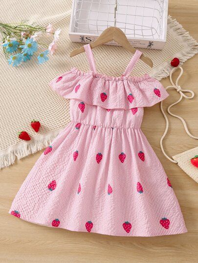 Toddler Girls Strawberry Print Cold Shoulder Ruffle Trim Dress | SHEIN