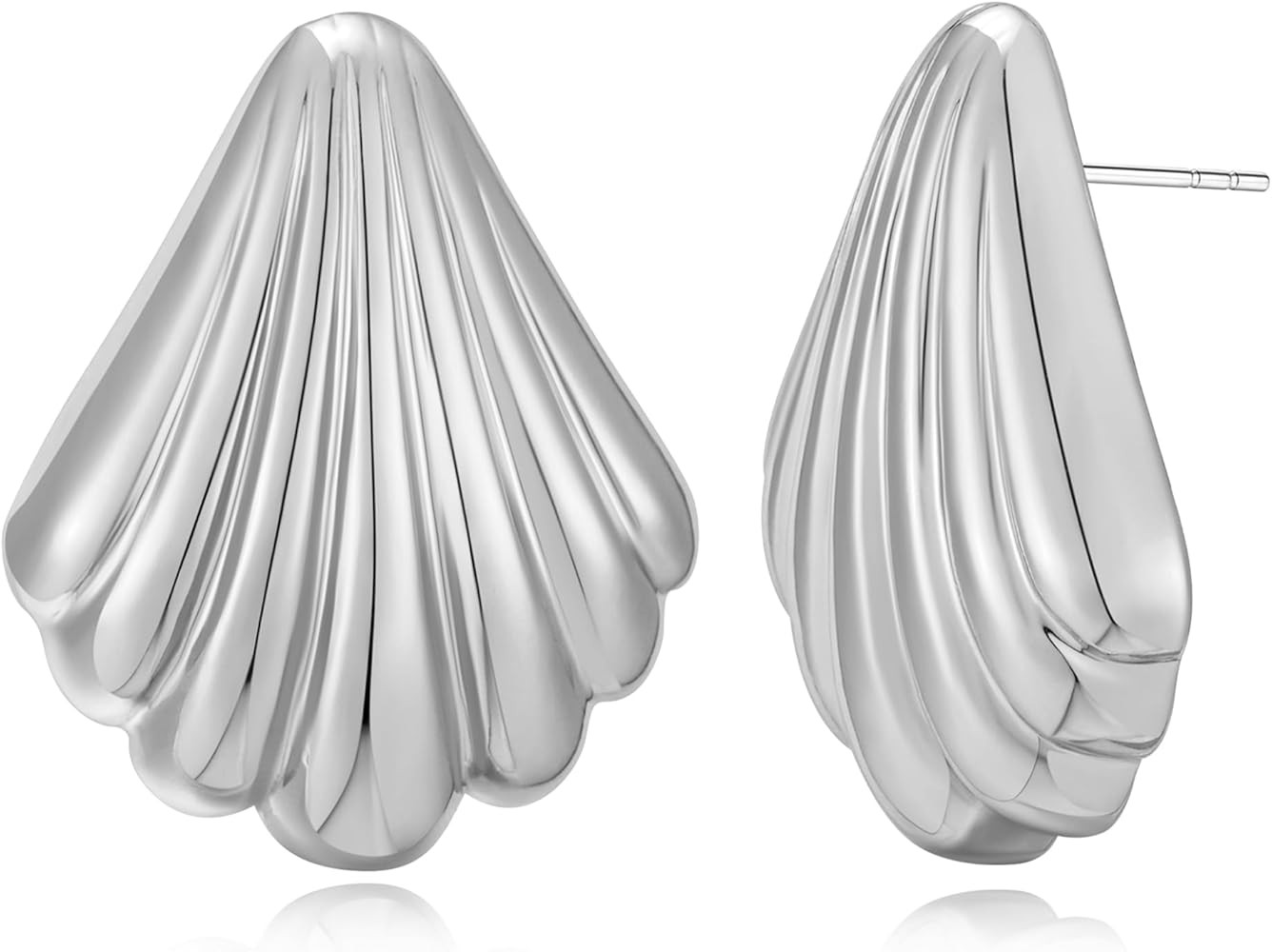 MUYAN Silver Textured Shell Chunky Earrings for Women Trendy Minimalist Ribbed Studs Minimalist J... | Amazon (US)