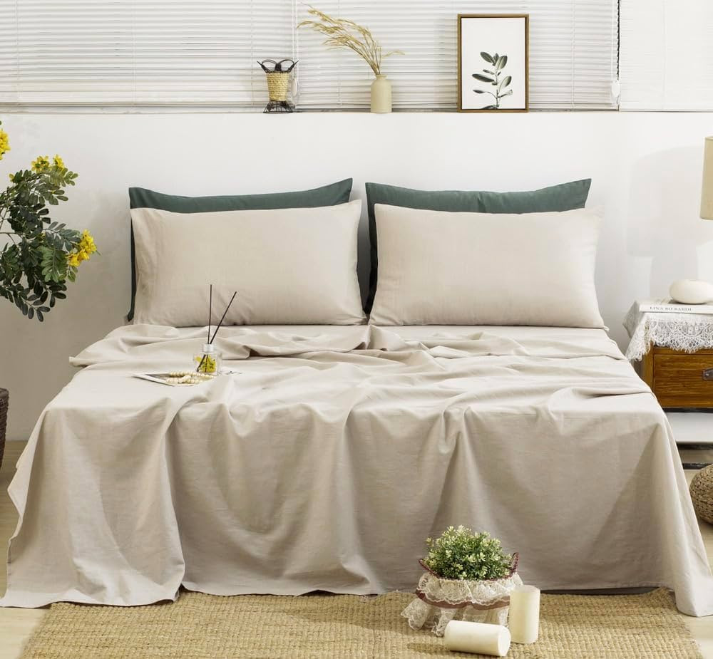 TUMEI Linen Sheets Queen Size-100% Linen Bed Sheets Set Queen Size, 4Pcs Washed French Flax Linen Sheets Set with Durable Deep Pocket Fitted Sheet & Flat Sheet & 2 Pillowcases, Natural Linen Queen | Amazon (US)