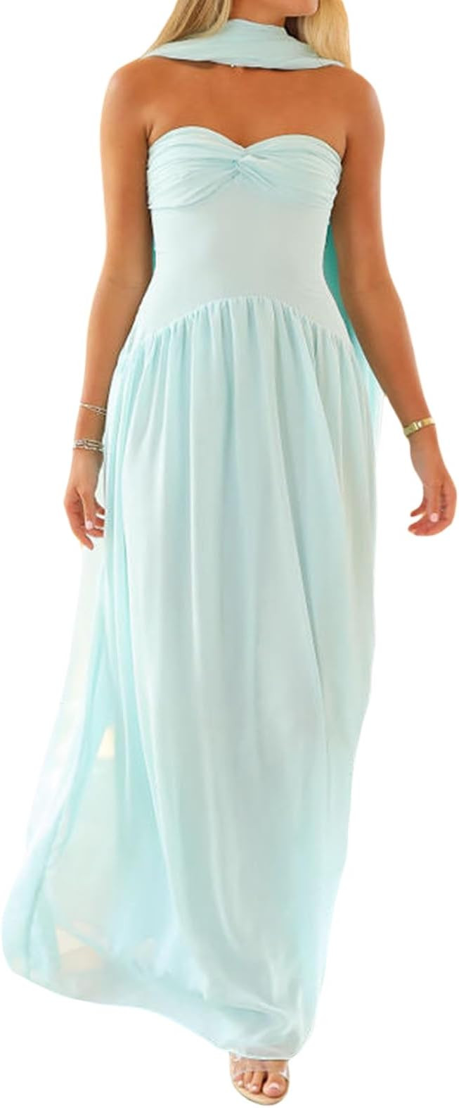 LYSINK Women Floral Long Tube Dress with Scarf Y2k Strapless Sexy Off Shoulder Backless Bodycon M... | Amazon (UK)