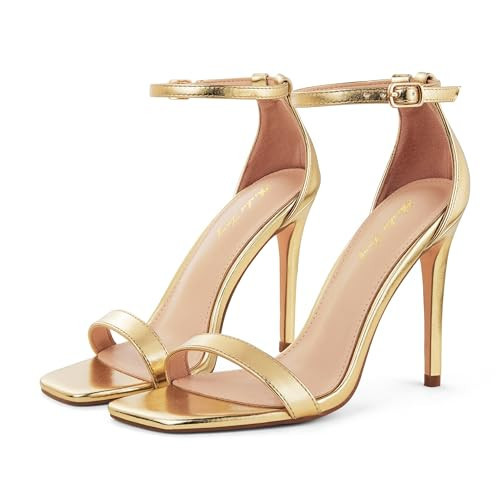 Elisabet Tang Women's Stiletto Heels Square Open Toe Ankle Strap High Heeled Sandals 4 Inch Comfort Sexy Dressy Shoes Gold 9.5 | Amazon (US)