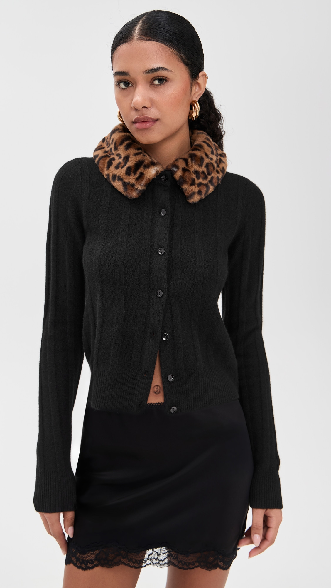Hannah Crew Cardigan - Black Leopard Faux Fur Collar | Shopbop