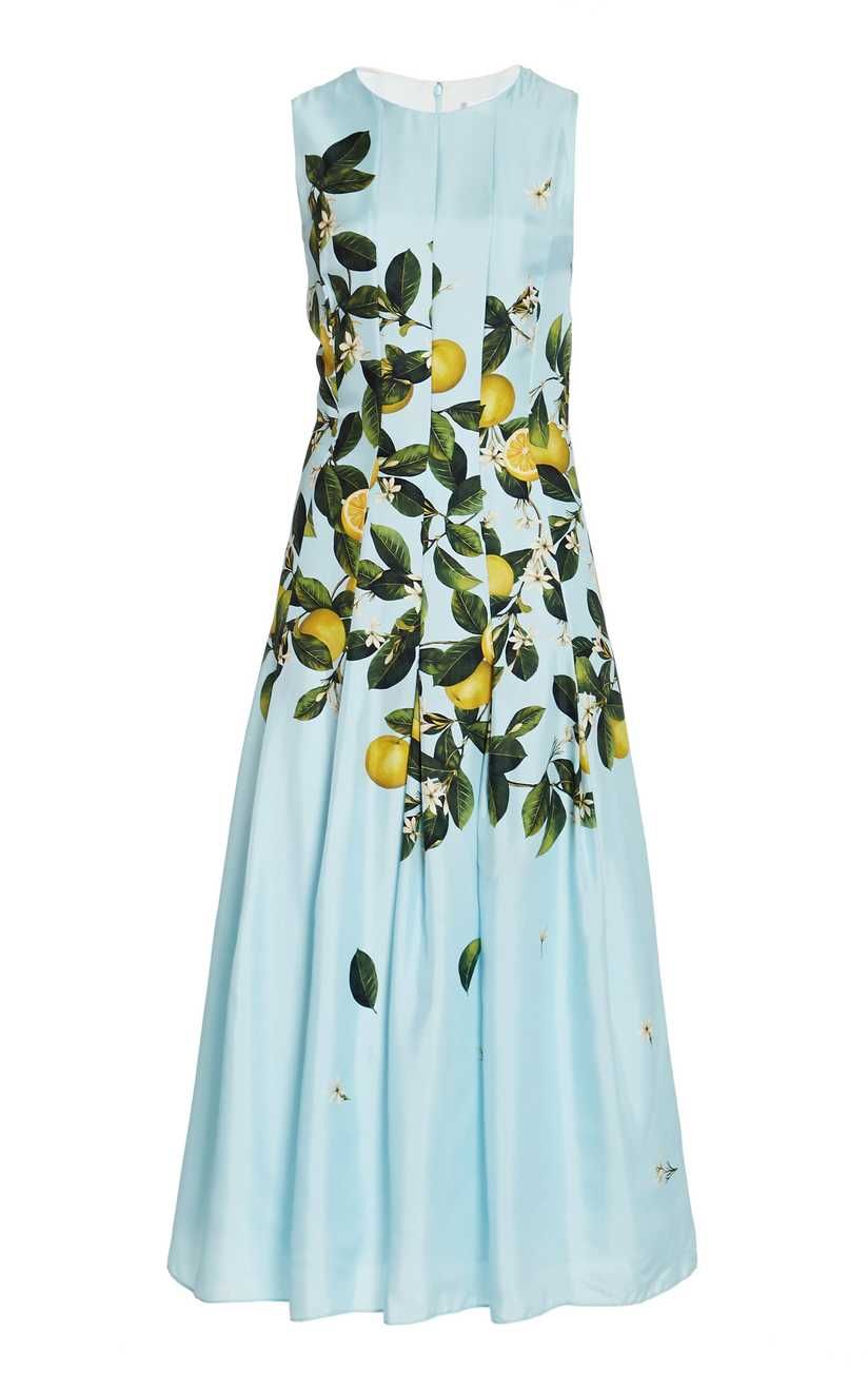 Sleeveless Pleated Silk Lemon Print Dress by Oscar de la Renta | Moda Operandi | Moda Operandi Global