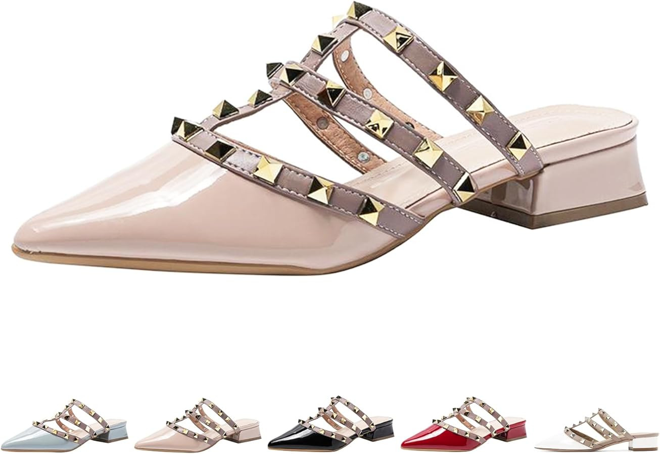 Zeberfi Women's Patent Leather Closed Pointed Toe Rivet Heeled Sandals Fashion Multi Band Studded... | Amazon (US)