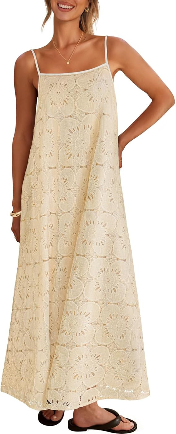 MEROKEETY Women's Summer Spaghetti Straps Sundress 2026 Casual Sleeveless Floral Lace Eyelet Boho... | Amazon (US)