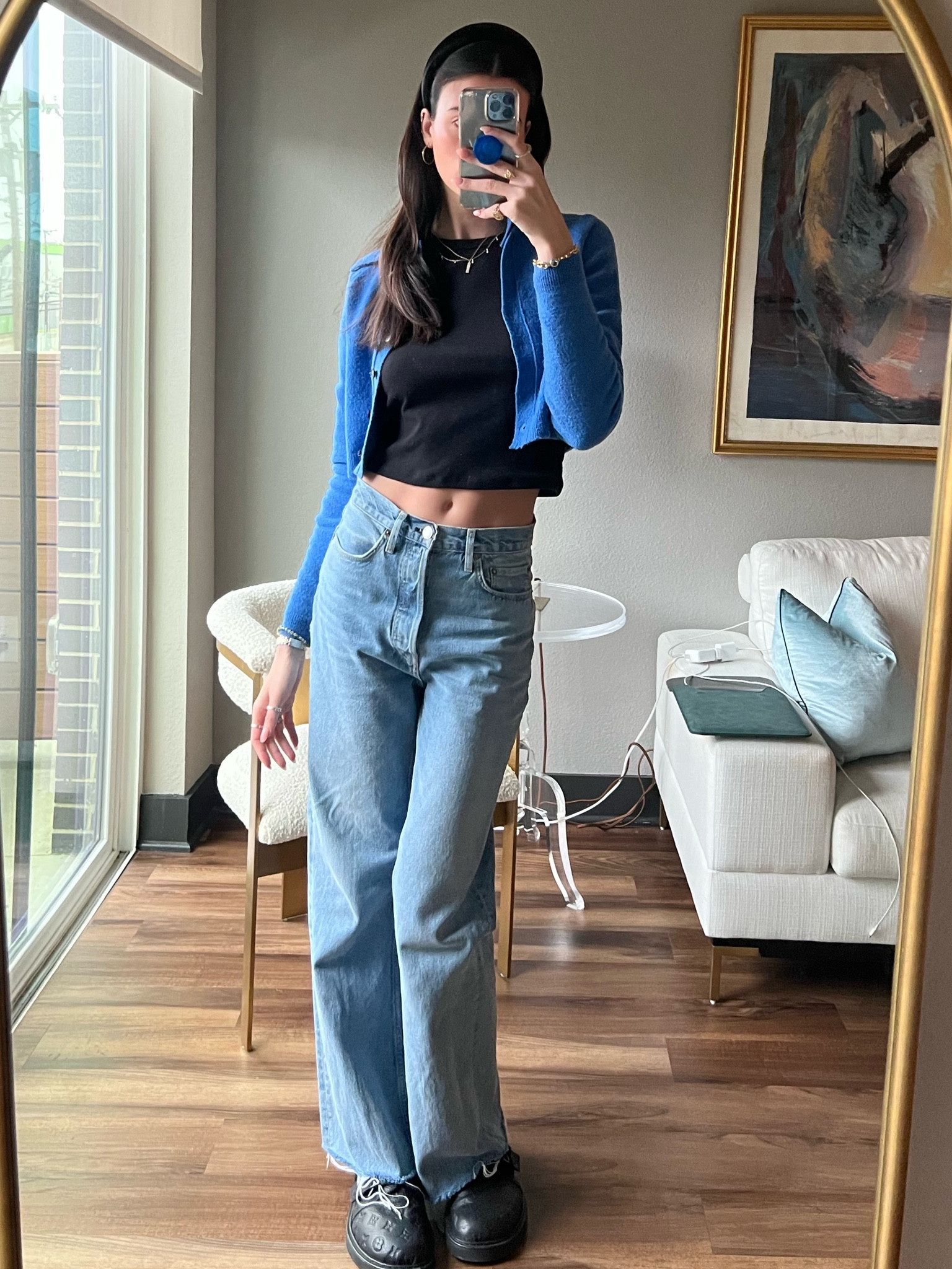 Monday work fit featuring my go to long sleeve black tee, Nanunshka blue sweater (size up), Re/Done jeans (size up) which are also on sale, my LV easy mules (linking similar Prada ones) and everyday jewelry. 

#LTKfit #LTKworkwear