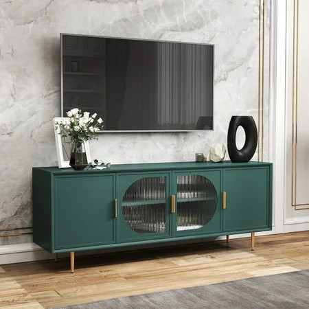 HLR Modern 66" TV Stand, for TVs up to 75", Living Room Entertainment Center with Glass Storage Cabinet, Green | Walmart (US)