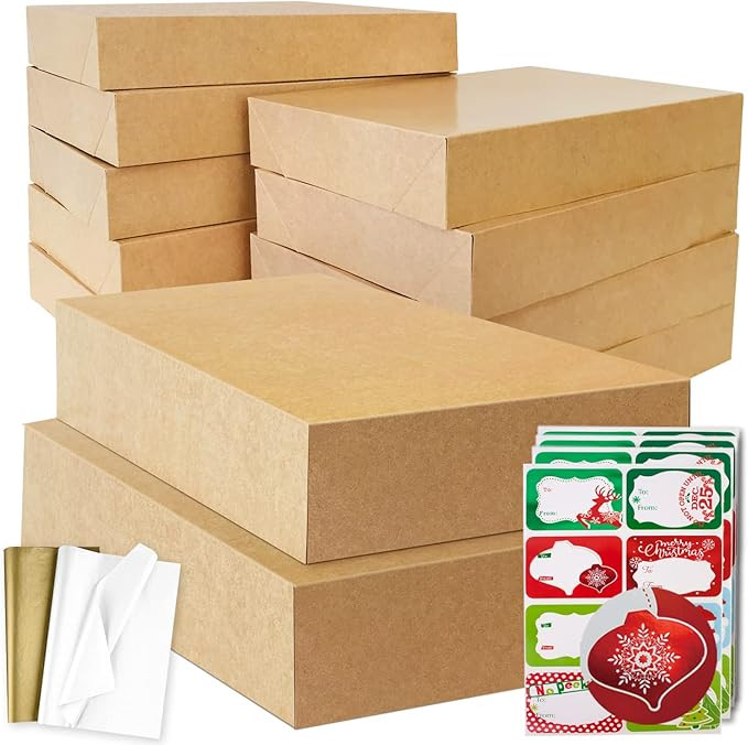 12 Kraft Extra Large Gift Wrap Boxes Bulk with Lids, 12 Tissue paper and 80 Count Foil Christmas ... | Amazon (US)