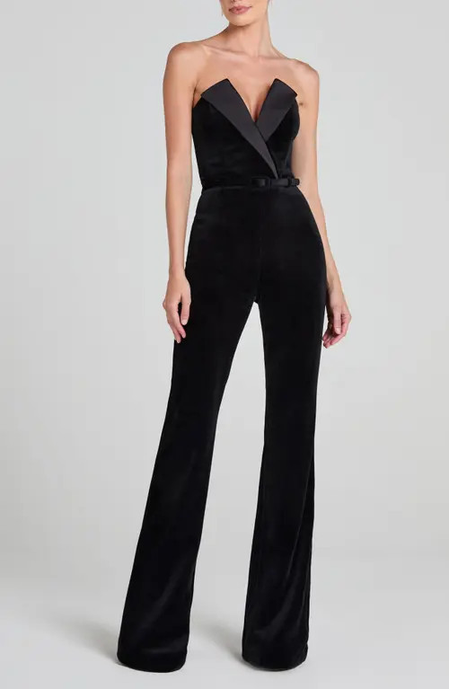 NADINE MERABI Vanessa Strapless Belted Velvet Flare Jumpsuit in Black at Nordstrom, Size 2 | Nordstrom