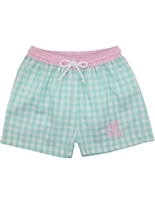 Mint And Pink Check Swim Trunk | Cecil and Lou