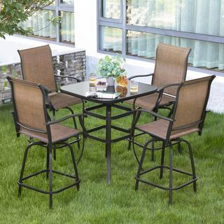 Nuu Garden Brown 5-Piece Metal Patio Outdoor Bar Set with High Swivel Bistro Chairs and Square Ta... | The Home Depot