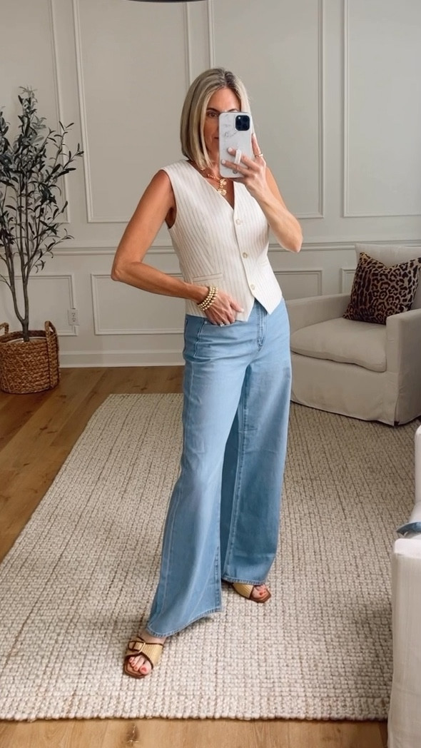 Finally trying the vest trend. Love the stripes on this one! Wearing an xs. High rise Light wash denim jeans are so soft. They have a tie that is removable. Wearing a 26/2 


#LTKFindsUnder50 #LTKSaleAlert #LTKStyleTip