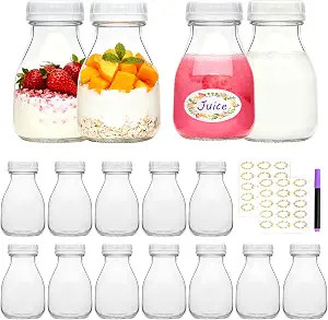 11oz Glass Milk Bottles, 16 Pack Clear Bottles with Lids, Reusable Small Glass Jars for Milk, Jui... | Amazon (US)