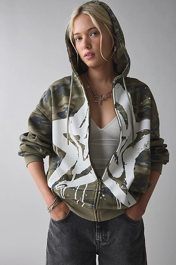 Urban Outfitters UO Bleached Star Zip-Up Hoodie Sweatshirt in Camo at Urban Outfitters | Urban Outfitters (US and RoW)