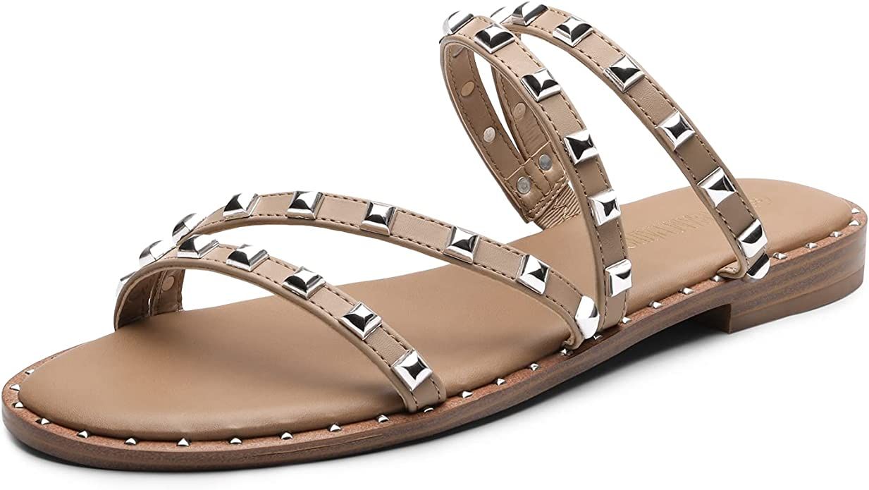 DREAM PAIRS Women's Clear Studded Rhinestone Slide Sandals Slip on Open Toe Cute Flat Sandals for... | Amazon (US)
