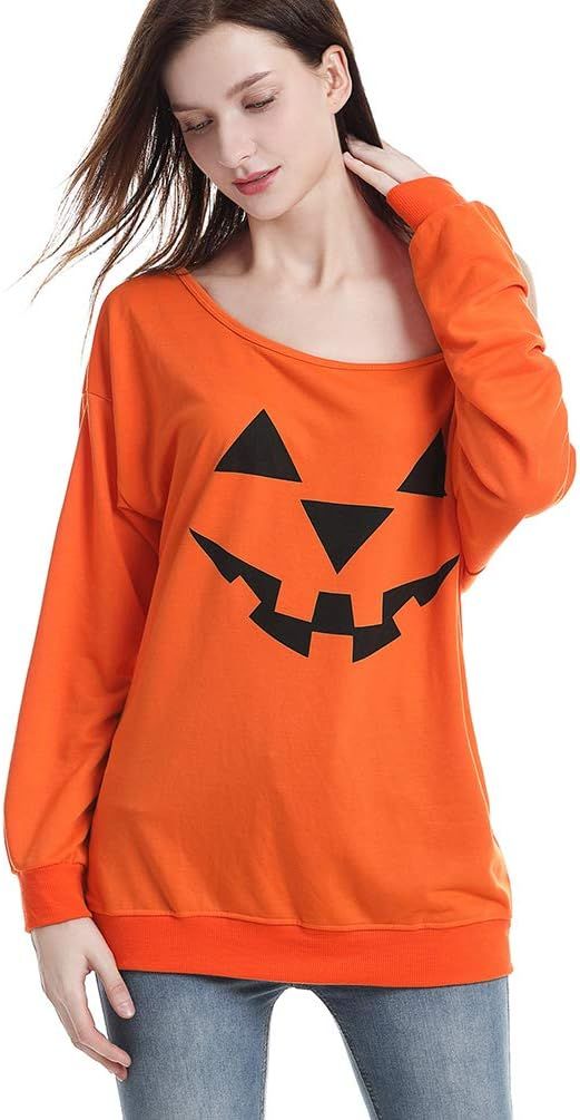 Rysly Womens Sexy Off The Shoulder Halloween Pumpkin Sweatshirts Pullover Costumes Plus Size | Amazon (US)