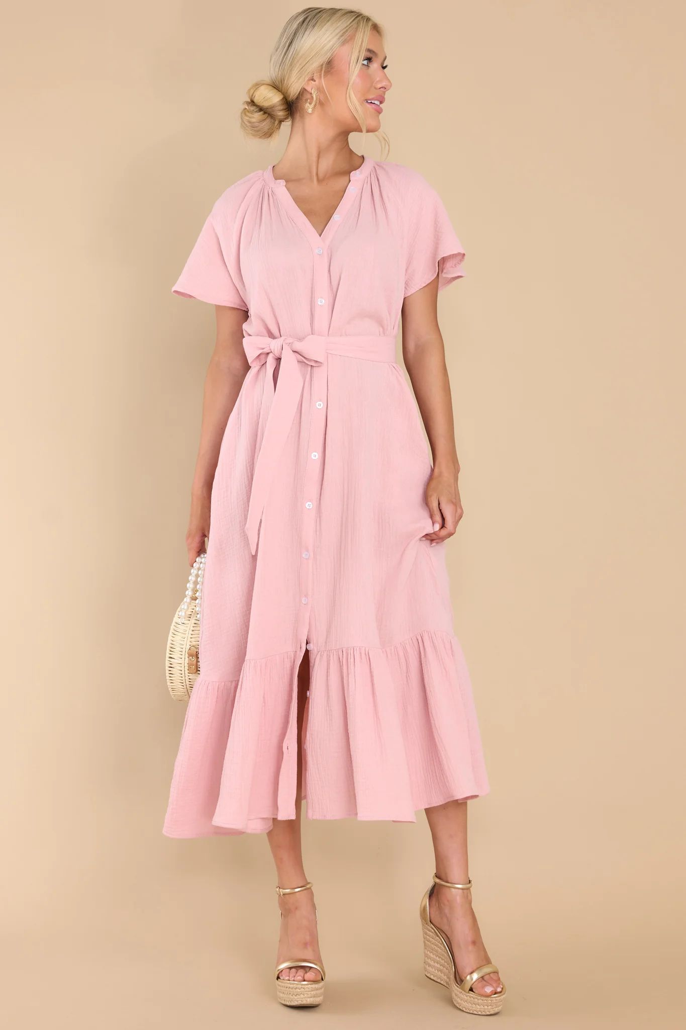 Buttoned Up Beauty Dusty Pink Gauze Midi Dress | Red Dress 