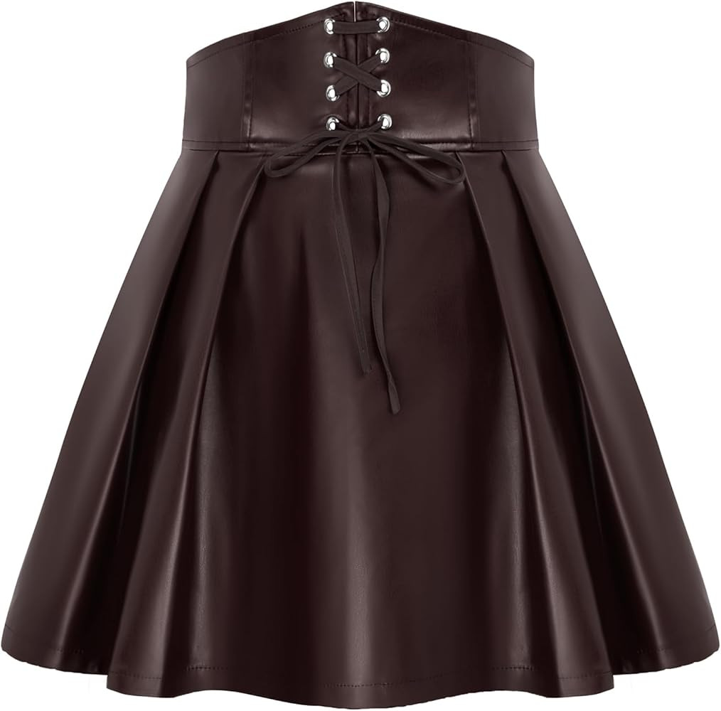 Women Faux Leather Skirt with Shorts Pleated Steampunk Skirts Dark Brown Large | Amazon (US)