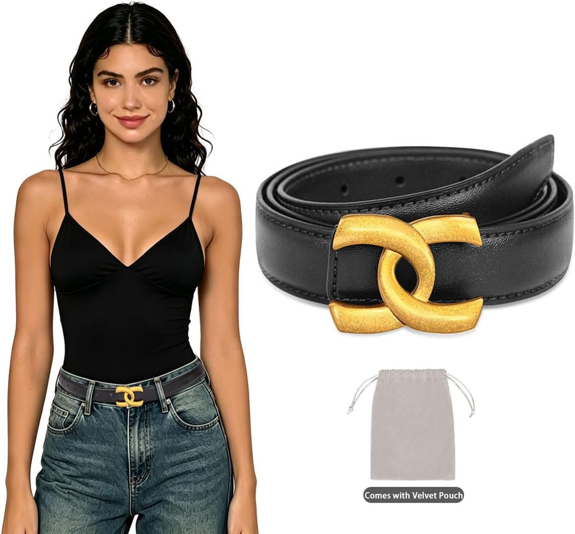 Women's Leather Belts for Jeans,Dresses,Pants,Coats-Fashion Waist Belt with Classic Gold Buckle,Gift for Women. | Amazon (US)