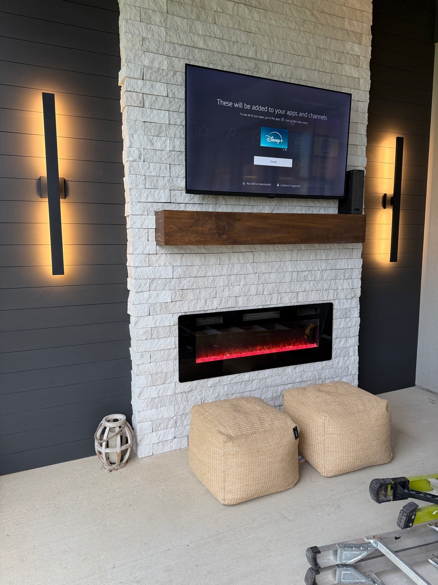 Outdoor patio in progress— linked these LED dimmable lights, we have the 40” 
TV from Amazon - 55”

Poufs from At Home 

Outdoor home finds / porch / patio furniture