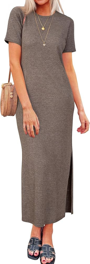Arach&Cloz Womens Summer Wool Blend T Shirt Maxi Long Dress 2025 Spring Casual Short Sleeve Crew ... | Amazon (US)
