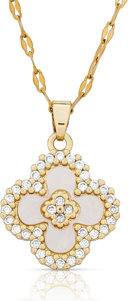 Gold Plated Four Leaf Clover Pendant Necklace for Women with Black Agate or White Shell/Mother of... | Amazon (US)