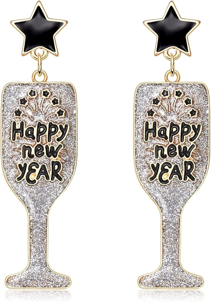 Happy New Year's Eve Champagne Bottle Earrings for Women Glitter Wine Glass Drop Dangle Earrings ... | Amazon (US)