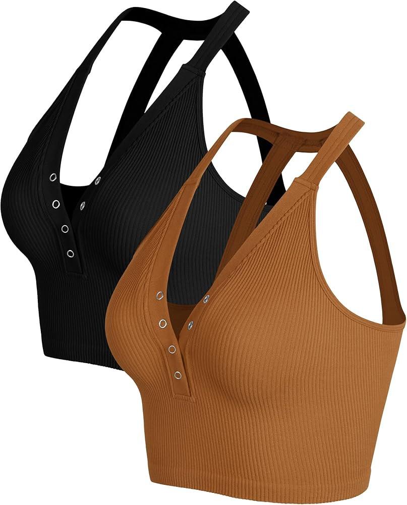 ODODOS 2-Pack Seamless Henley Crop for Women Open Back Ribbed Tank Button-up Cropped Top | Amazon (US)