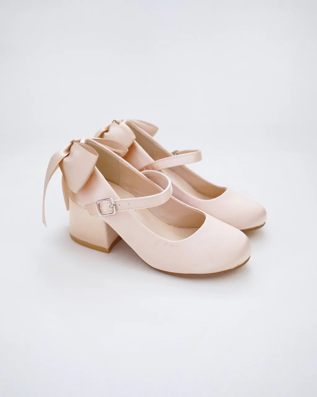 Girls Satin Mary Jane Block Heel with Back Satin Bow | Kailee P.