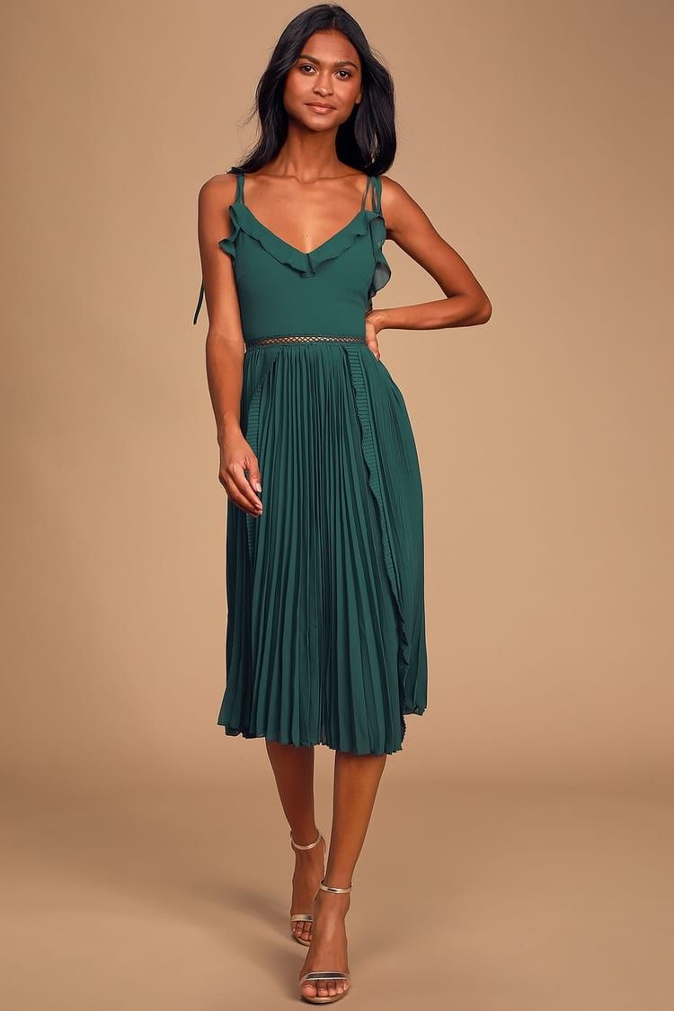 Never a Dull Moment Emerald Green Tie-Strap Pleated Midi Dress - Fall Wedding Guest | Lulus (US)
