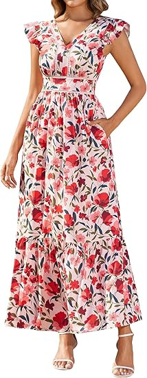Womens Summer Boho Floral Maxi Dress V Neck Smocked Ruffle Sleeve 2026 Spring Flowy Beach Vacatio... | Amazon (US)