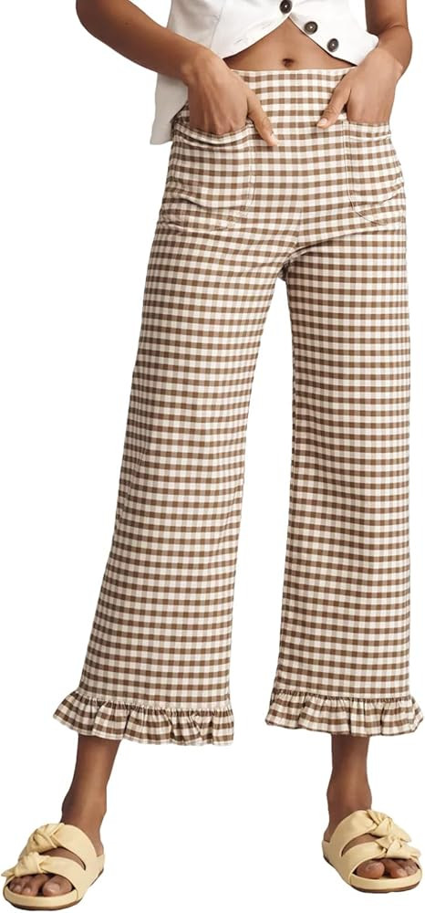 Acelitt Women's Gingham Pants Summer Casual Elastic Waist Straight Leg Ruffle Hem Stretchy Croppe... | Amazon (US)