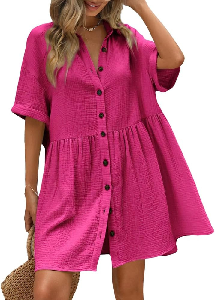 chouyatou Women's Summer Linen Button Front Shirt Dresses Casual Babydoll Cute Cotton Lapel Midi ... | Amazon (US)