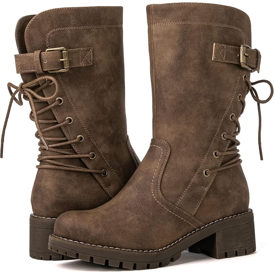 GLOBALWIN Women's Biker Boots Lace up Back Mid Calf Motorcycle Fashion Festival Boots Combat Ridi... | Amazon (US)