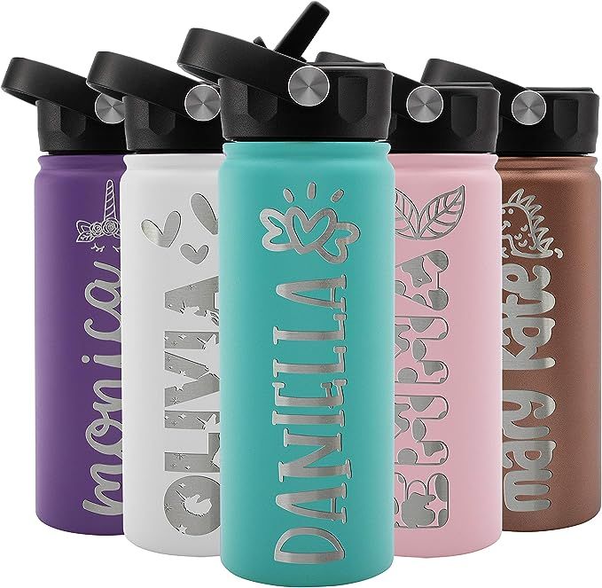 Kids Water Bottle Personalized w Name & 36 ICON Free Engraving! & Straw, Custom Water Bottle for ... | Amazon (US)