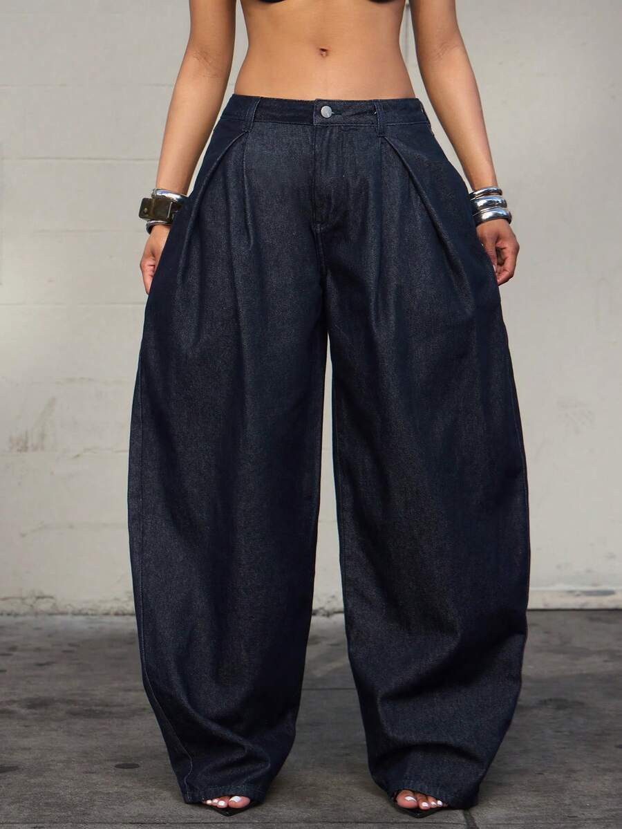 Denimoi Pleated Waist Wide Leg Barrel Jeans Fashionable Streetwear Baggy Jeans Boyfriend Jeans Ba... | SHEIN