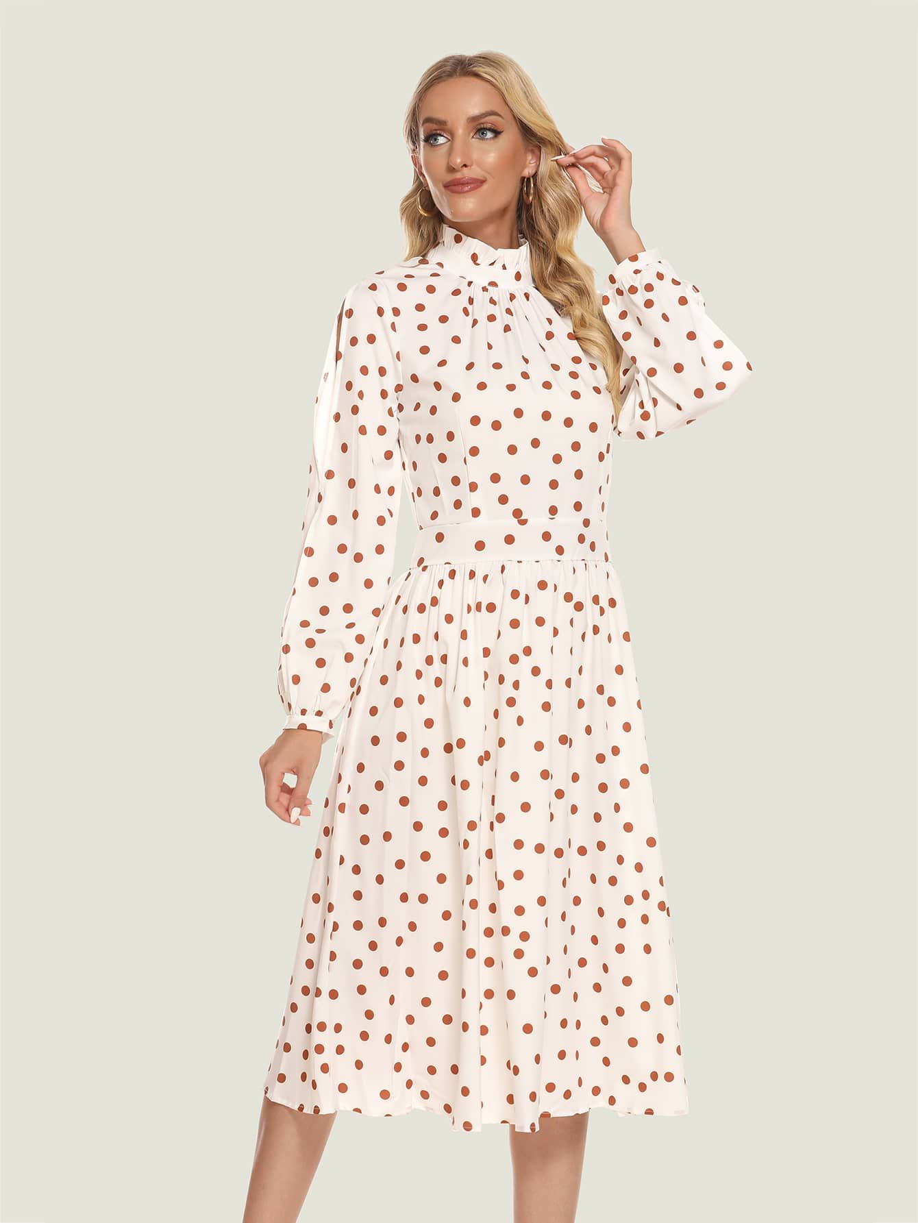 Simple Flavor Polka Dot Ruffle Neck Bishop Sleeve Plicated Dress | SHEIN