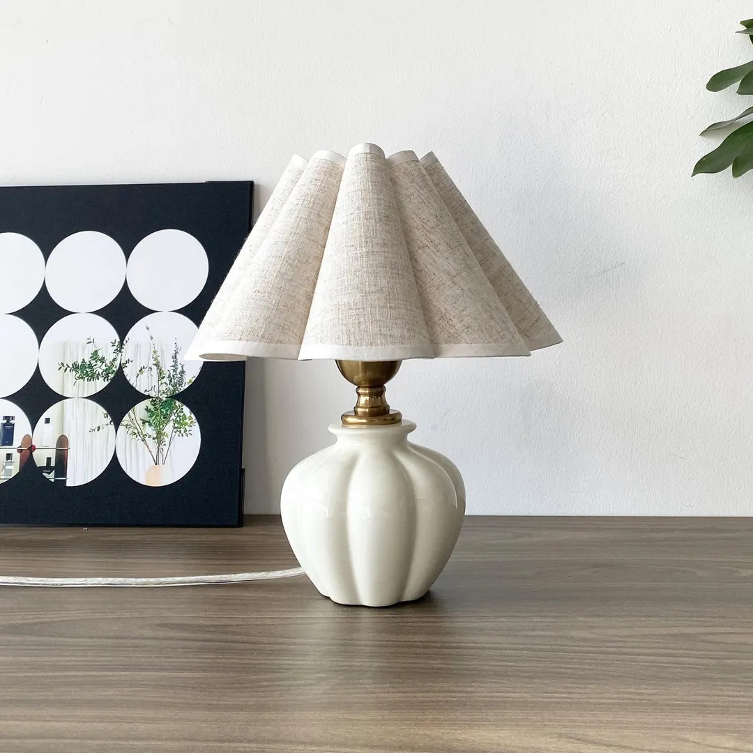 Handmade Ceramic Table Lamp With Linen Pleated Shade, Bedside Table Lamp, 3 Way Light, Vintage Ni... | Etsy (US)