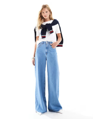 ASOS DESIGN high waisted wide leg jeans with cinch in clean blue  | ASOS | ASOS (Global)