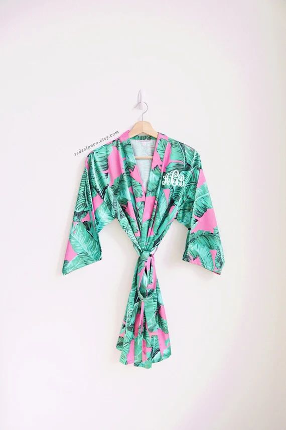 monogram robe, pink palm leaf robe, bridesmaid robe, wedding robes, banana leaf robe, tropical ha... | Etsy (US)