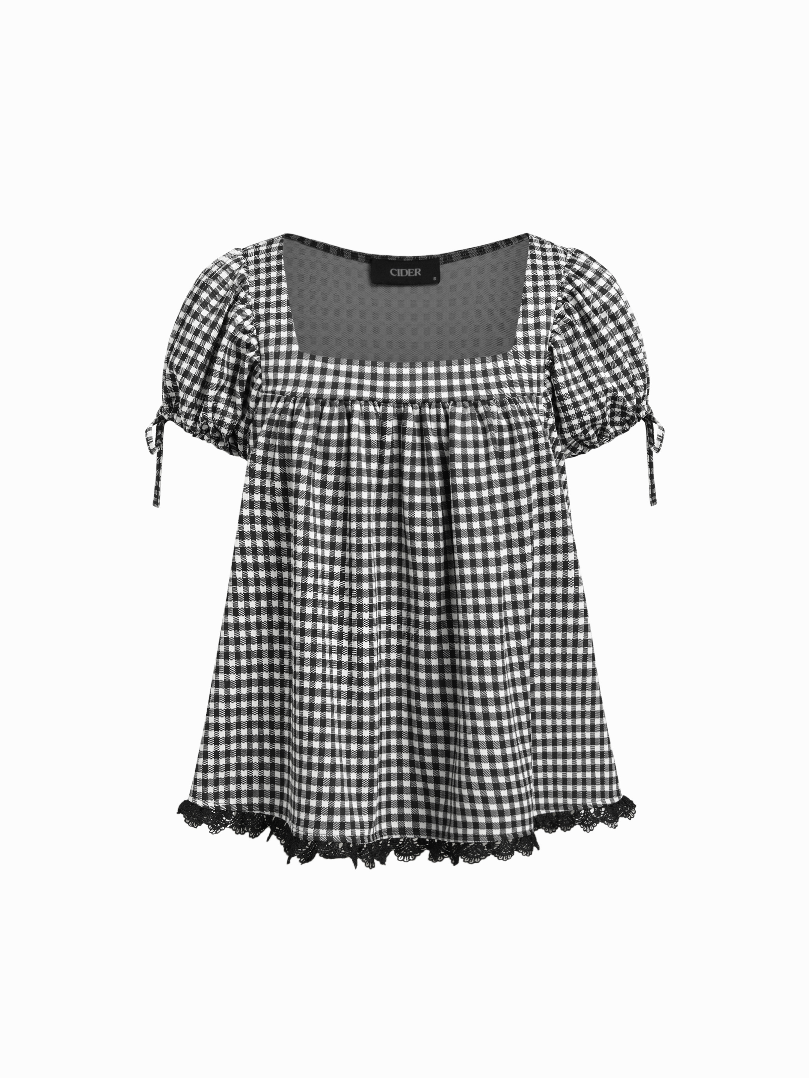 Knit Fabric Square Neck Puff Sleeve Plaid Drawstring Blouse  For Daily Casual Date | Cider