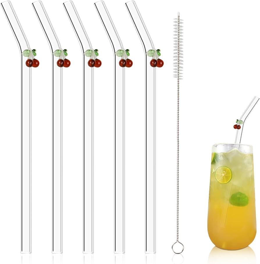 Olpchee 5 Pcs Reusable Straws Clear Glass Straws Colorful Cherry Design Size 7.8" x 8mm with 1 Cleaning Brush for Smoothies, Milkshakes, Juices, Teas (Caramel) | Amazon (US)