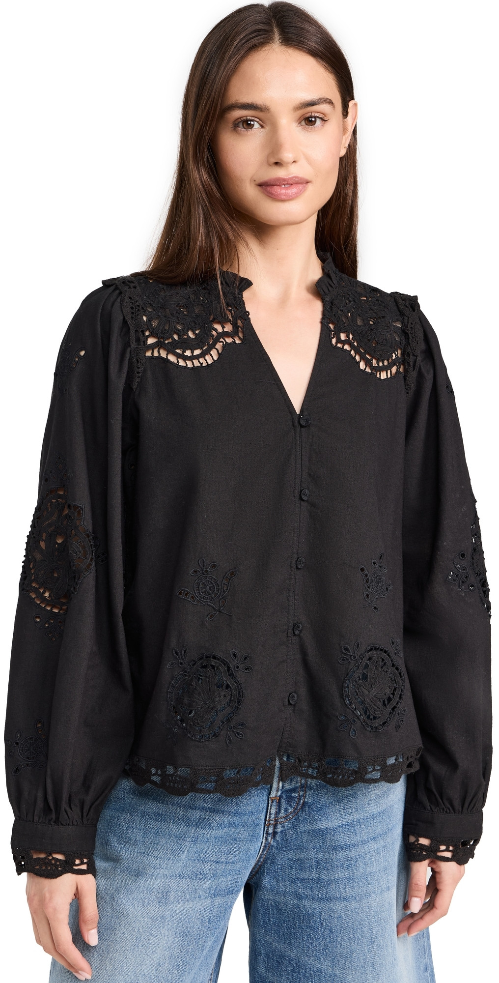 Sea Edith Embroidery Long Sleeve Top Black L | Shopbop
