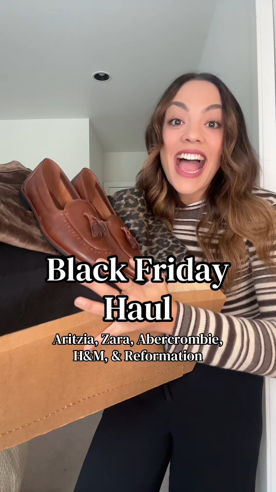 Everything I got on Black Friday!

Zara:
-Butter Button up leather jacket, I got a size large.
-Leopard print triangle neck scarf.
-Black fur lined long coat, I have a size large.
-Brown leather tasseled loafers.
-Chocolate brown velvet pull on pants, I have a size large.

Aritzia:
-Black cashmere medium size triangle scarf.
-Purple and beige cashmere striped triangle scarf.
-Brown cashmere beanie.
-Brown cashmere scarf.

Reformation:
-Black cropped turtleneck sweater, I got a size large.

Abercrombie:
-Brown, high-rise flocked jeans, I have a size 29 long. 

#LTKstyletip #LTKholiday #LTKwinter