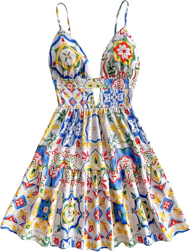 Floerns Women's Boho Floral Print Mini Dresses Cut Out V Neck Tiered Summer Cami Dresses | Amazon (US)