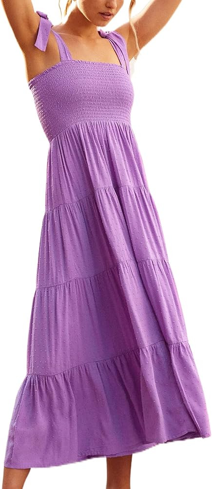 Women's Summer Boho Spaghetti Tie Strap Square Neck Floral Ruffle A Line Beach Long Maxi Swing Dress | Amazon (US)