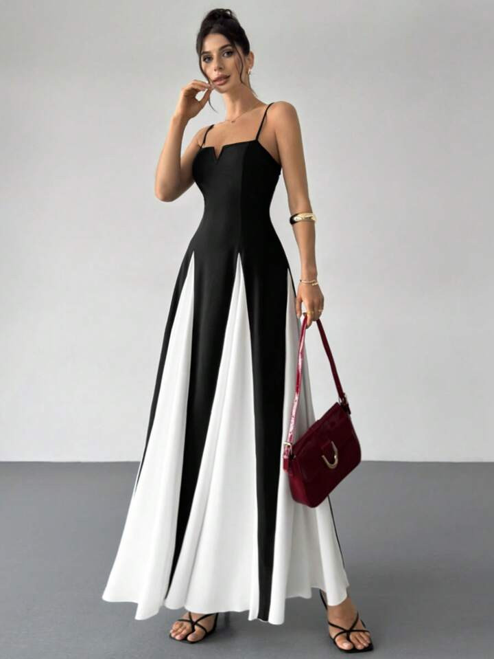 Firerie Women's  New Black And White Contrast Notch V-Neck Long Swing Dress, Spliced Contrast Dre... | SHEIN